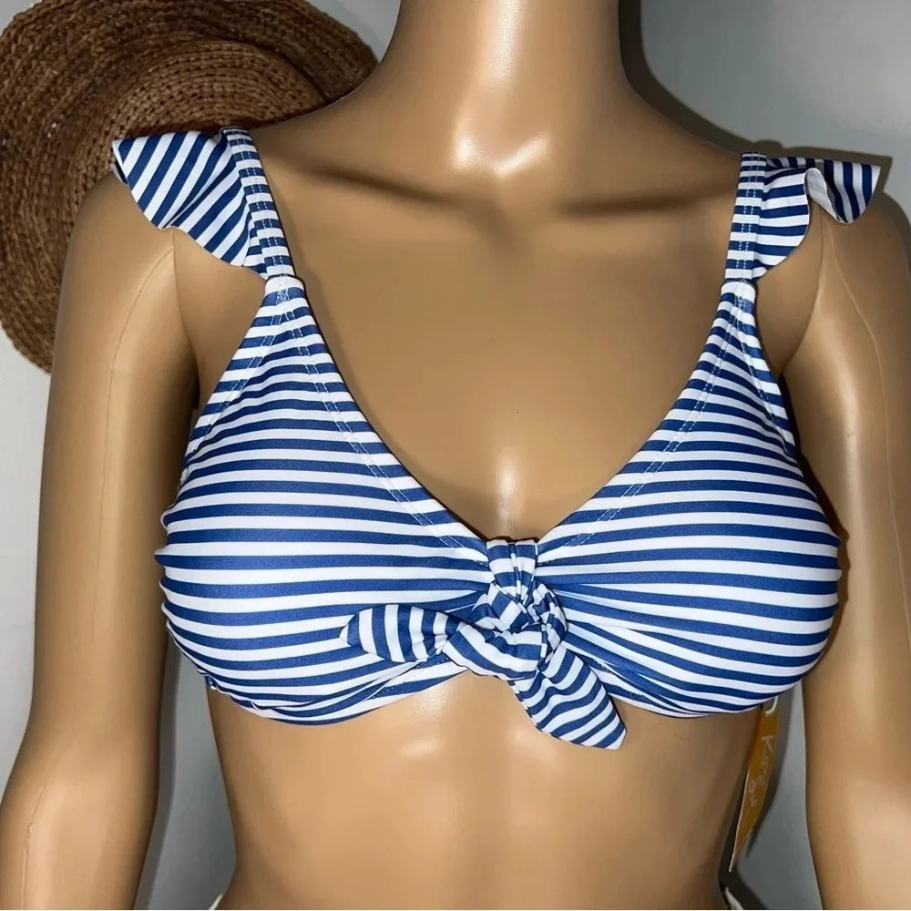 Kona Sol, XL, NWT,  stripe front‎ tie knot,  ruffle caplet shoulder accent